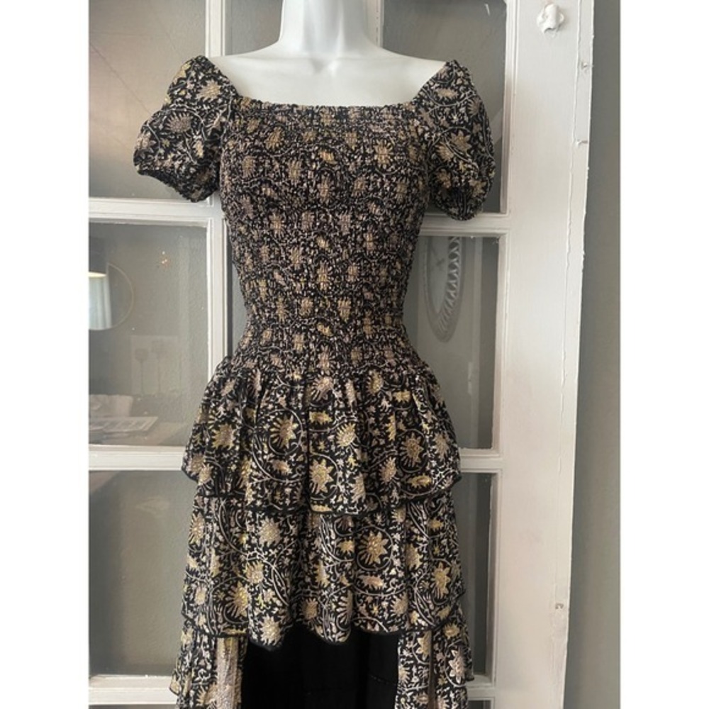 Muche et Muchette Black Gold Floral Smocked High-Low Tiered Ruffle Maxi Dress - Picture 3 of 10